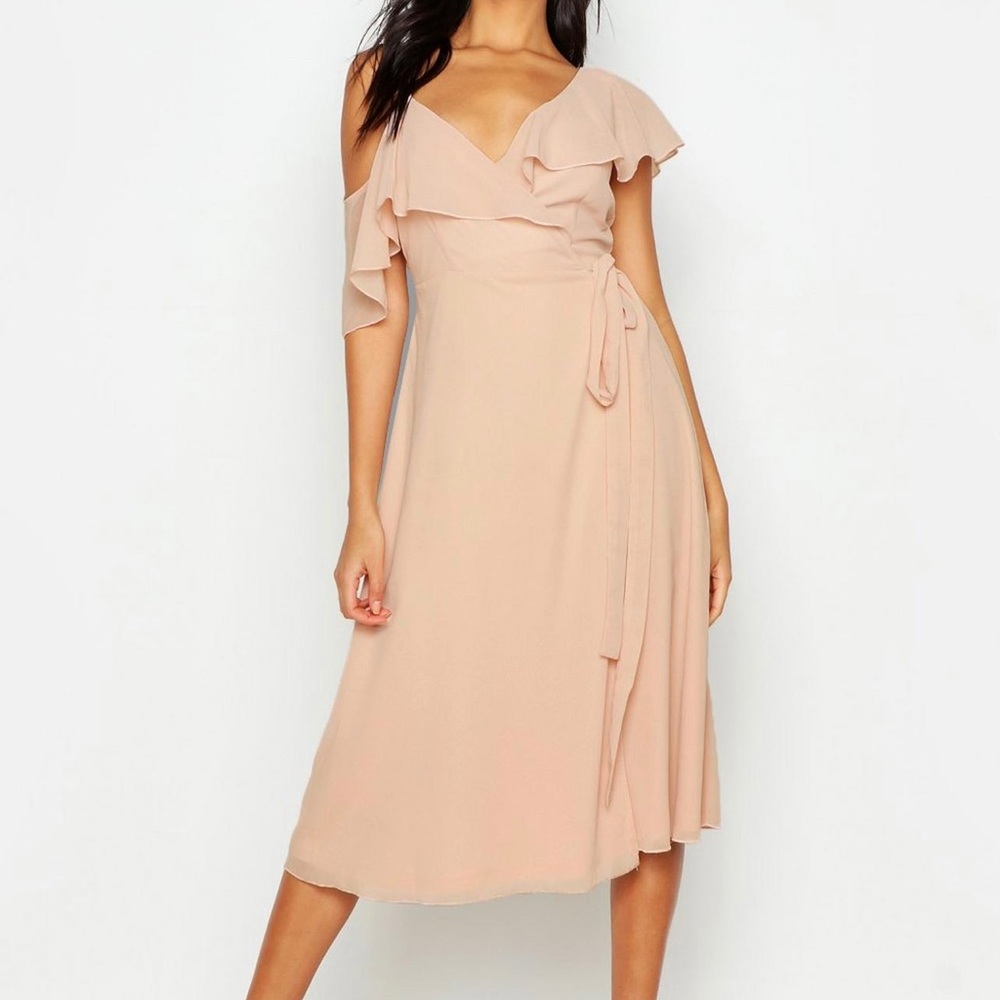 BOOHOO chiffon cold shoulder wrap dress